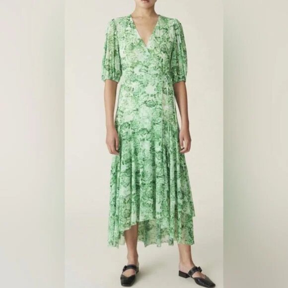 Ganni Size Large Midi Mesh Wrap Rose Print Dress - Picture 1 of 10